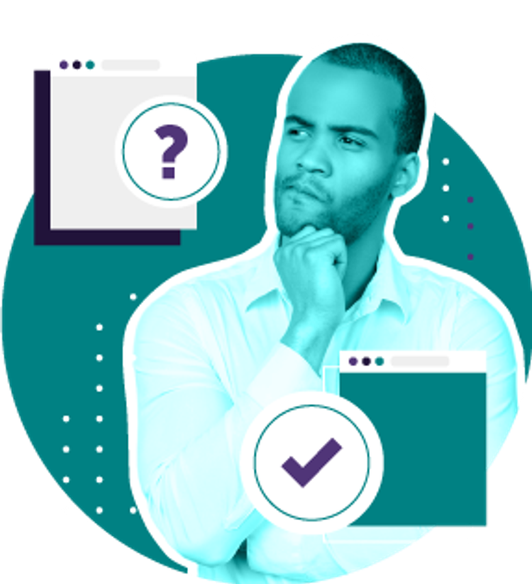Teal colored photo of a man resting hand under chin with thinking expression on his face. Illustration of an app window with a question mark it in the background.