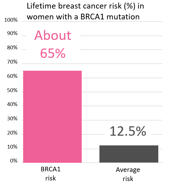 Graph of lifetime risk for breast cancer in women with a <button
                x-data
                class='glossary-tip tt-brca1'
                x-tooltip='<p>BRCA1 is the name of a gene linked to cancer. Inherited mutations in BRCA1 increase the risk for breast (male and female), ovarian, pancreatic, prostate and possibly other cancers and can cause cancer to run in families.</p>'
            >BRCA1</button> mutation