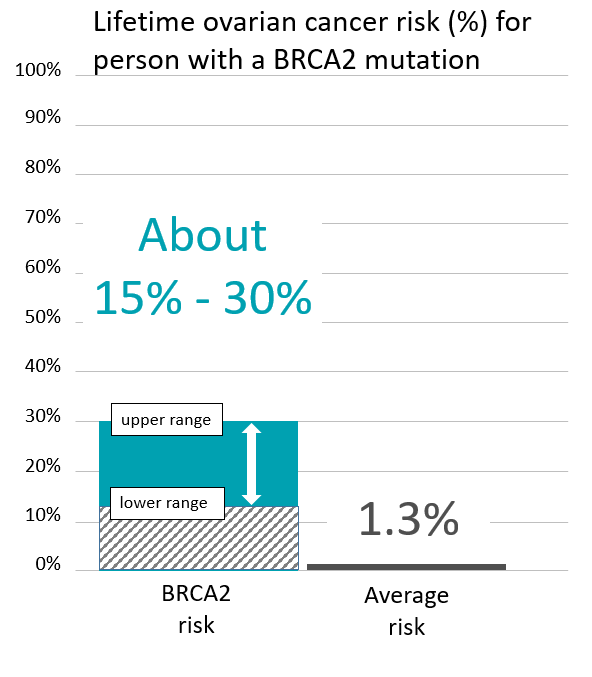 Graph of lifetime risk for ovarian cancer for women with a <button
                x-data
                class='glossary-tip tt-brca2'
                x-tooltip='<p>BRCA2&nbsp;is the name of a gene linked to cancer. Inherited mutations in BRCA2&nbsp;increase the risk for breast (male and female), ovarian, pancreatic, prostate, melanoma and possibly other cancers and can cause cancer to run in families.&nbsp;</p>'
            >BRCA2</button> mutation