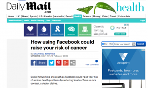 article about Facebook causing cancer headline of article about Facebook causing cancer