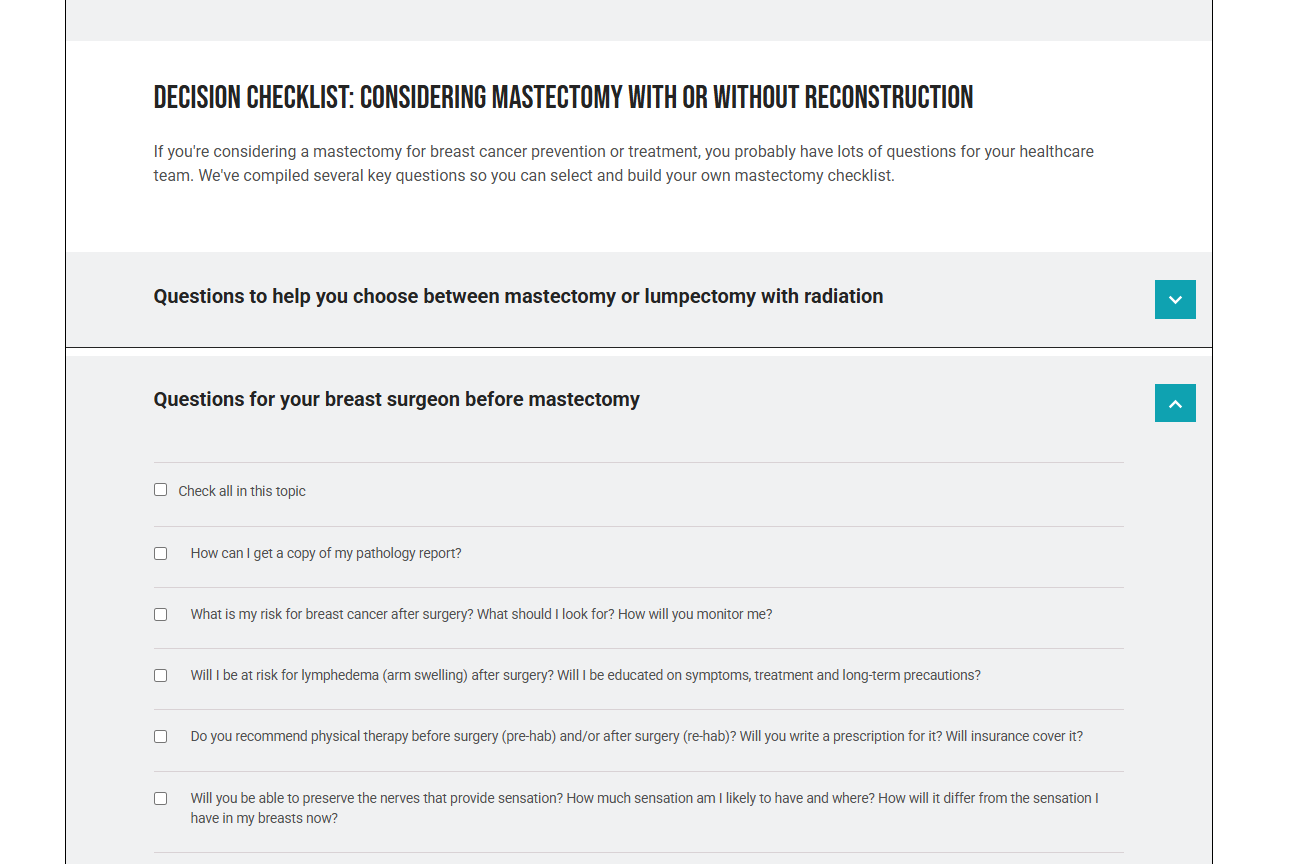 Screenshot of page with topics and individual questions for user to select