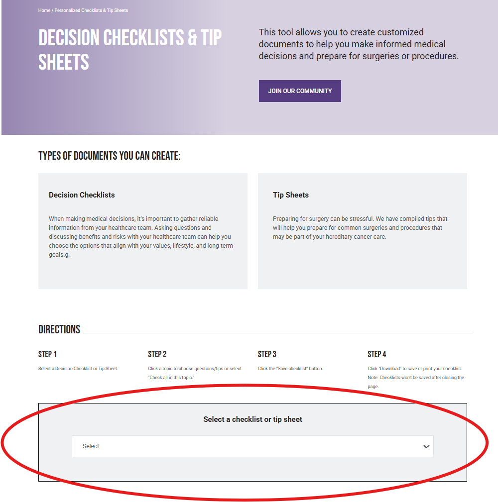 screenshot of Checklist Wizard page