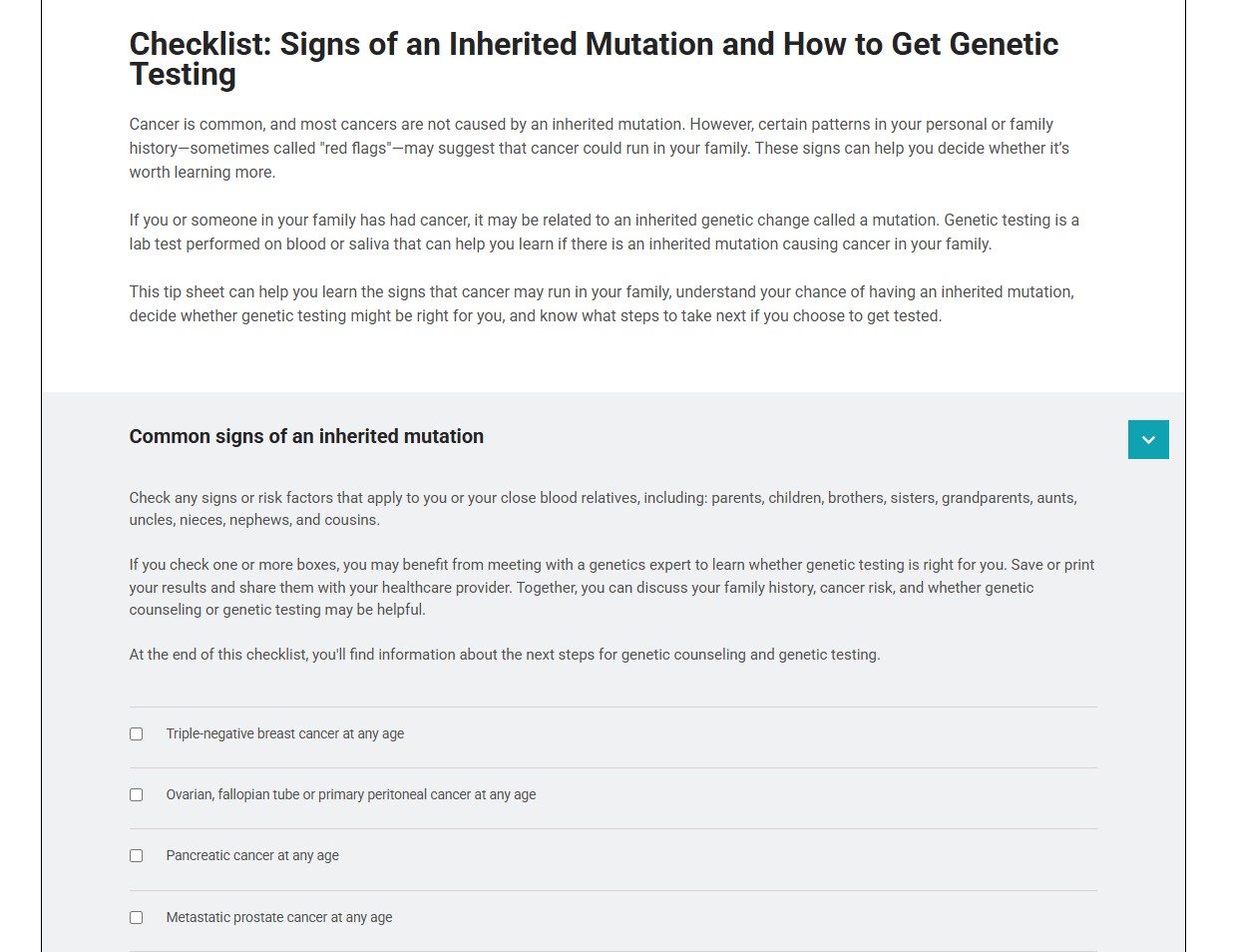 Screenshot of page with topics and individual questions for user to select