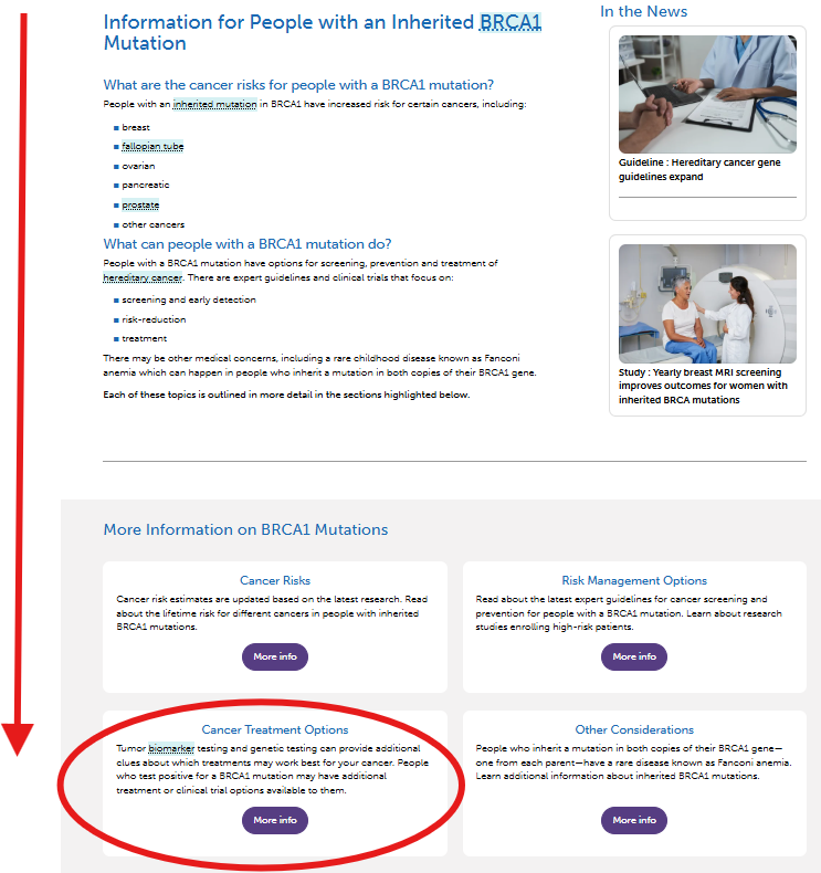 Screen shot of where to find information about treatment for a specific gene