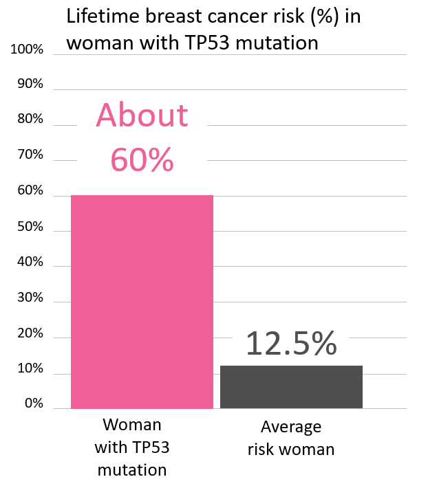 Graph of lifetime risk of breast cancer in women with <button
                x-data
                class='glossary-tip tt-tp53'
                x-tooltip='<p>TP53 is a gene found on chromosome 17. It is also sometimes referred as P53. Mutations in TP53&nbsp;are associated with Li-Fraumeni Syndrome. People with Li-Fraumeni&nbsp;Syndrome have an&nbsp;increased the risk for many different types of young-onset cancers. Increased cancer risk associated with Li-Fraumeni syndrome include:</p>

<ul>
	<li>pre-menopausal breast cancer</li>
	<li>connective tissue cancer</li>
	<li>bone cancer</li>
	<li>adrenal cancer</li>
	<li>pancreatic cancer</li>
	<li>colon cancer</li>
	<li>liver cancer</li>
	<li>childhood cancers</li>
	<li>brain tumors</li>
	<li>leukemia</li>
</ul>

<p>Some people carry TP53 mutations that are associated with a&nbsp;lifetime cancer risk that isn't quite so high; this syndrome is called Li-Fraumeni Like syndrome.</p>

<p>Also see Li-Fraumeni&nbsp;Syndrome.</p>
'
            >TP53</button> mutation